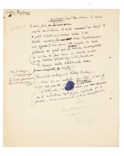 VALÉRY Paul (1871-1945) Manuscrit autographe, Nadia Boulanger; 1 page in-4 (petite...