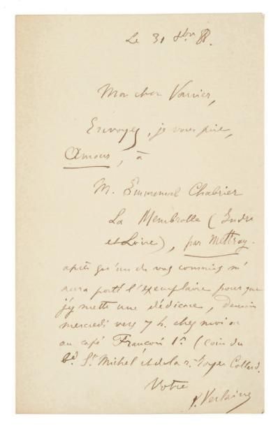 VERLAINE PAUL (1844-1896) Lettre autographe signée, 31 octobre 1888, à son éditeur...
