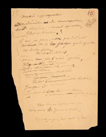 VERLAINE Paul Manuscrit autographe; 1 page in-8 numérotée 12. Brouillon de poème...