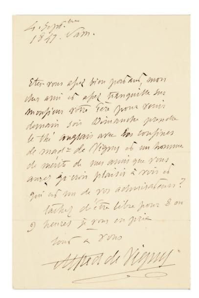 VIGNY Alfred de (1797-1863) Lettre autographe signée, 4 septembre 1847, à un ami;...