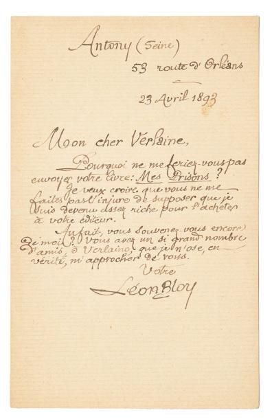 BLOY Léon (1846-1917) Lettre autographe signée, Antony 23 avril 1893, à Paul Verlaine;...