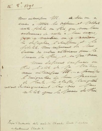 CHARLES X (1757-1836) Pièce autographe, 14 octobre 1791. 1 page in-4. Projet d'instruction...