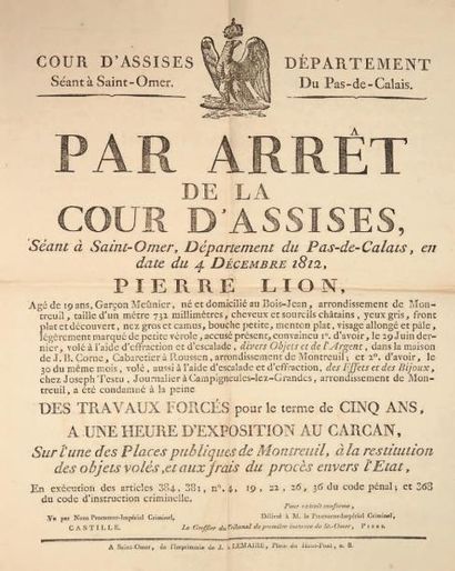 null Arrêt de condamnation de Pierre Lion. Saint-Omer, 4 décembre 1812. Affiche imprimée,...