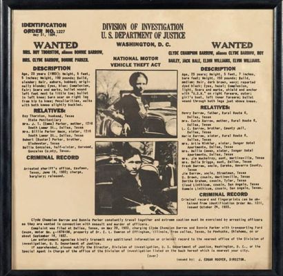  [AVIS DE RECHERCHE]. Wanted. Bonnie Parker et Clyde Barrow. 21 mai 1934. Feuille...
