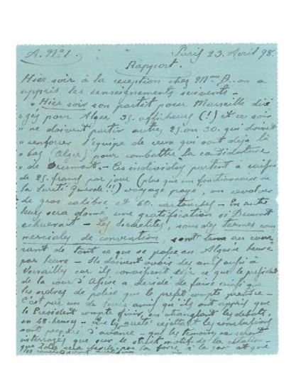 null [DREYFUS]. 5 lettres autographes de l'agent N° 1, 23 avril 1898, 28 et 30 mai...