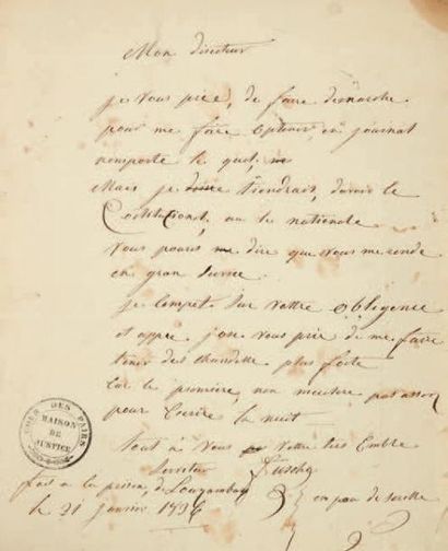 FIESCHI (Joseph) Lettre autographe signée "Fieschi", "prison de Louzamburs" [Luxembourg]...