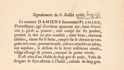 [DAMIENS (Robert-François)] Avis de recherche. 6 juillet 1756. Feuille volante imprimée,...