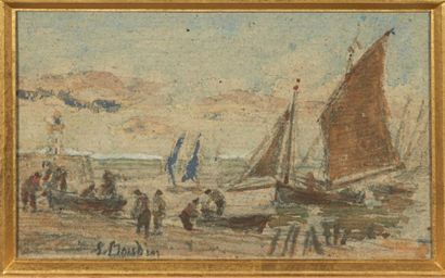Eugène BOUDIN (1824-1898) Pêcheurs et bateaux Aquarelle et crayon sur papier. Signé...