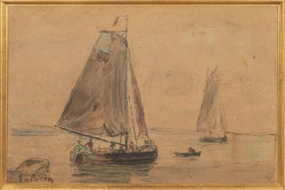 Eugène BOUDIN (1824-1898) Bateaux sur l'eau en Normandie Aquarelle et crayon sur...