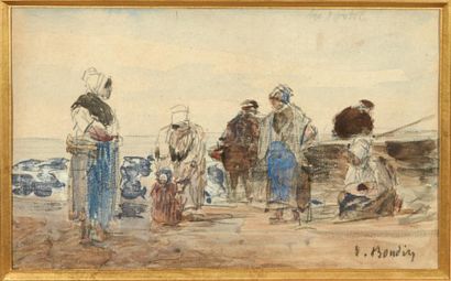 Eugène BOUDIN (1824-1898) Pêcheuses sur la plage de Berck Aquarelle et crayon sur...