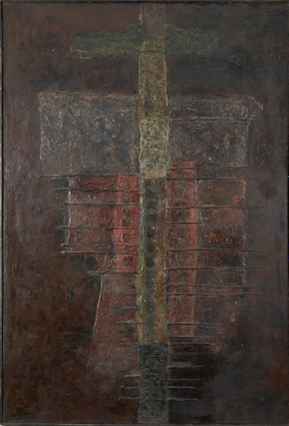 Jan LEBENSTEIN (1930-1999) Figure axiale, 1958 Huile sur toile. Signée en bas à gauche....