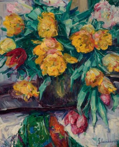 HUBERT GLANSDORFF (1877-1964) Bouquet de fleurs jaunes Huile sur toile, signée en...