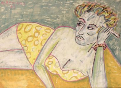 BRUNO VEKEMANS (1952) Dame couchée à la cigarette Gouache sur papier. Signée et datée...