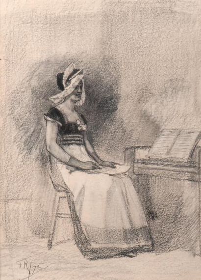 Félicien Rops (1833-1898) Flamande au piano, 1872 Crayon noir, encre de Chine, lavis...