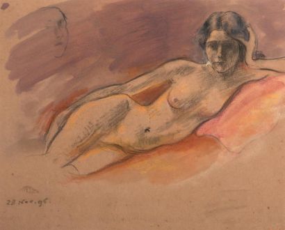 GEORGES LEMMEN (1865-1916) Femme couchée Aquarelle et pastel sur papier. Datée en...