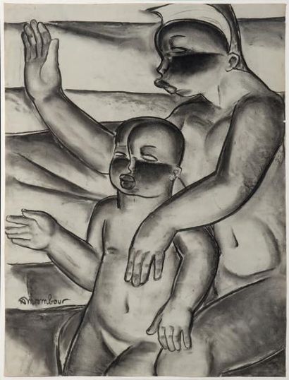 Auguste MAMBOUR (1896-1968) Maternité Fusain sur papier, signé en bas à gauche. H_62...