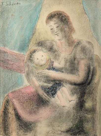 Ferdinand Schirren (1872-1944) Jeune femme et son enfant Crayon et pastel sur papier....