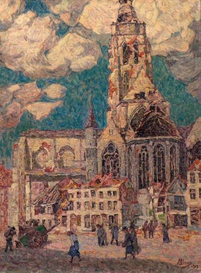 MODESTE HUYS (1874-1932) La Tour Blessée, Oudenaarde 1919 Huile sur toile, signée...