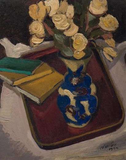 EDGARD SCAUFLAIRE (1893-1960) Bouquet dans un vase Huile sur carton, signée en bas...