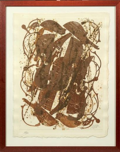 ARMAN (1928-2005) Violons mordorés sur papier Japon Lithographie signée et numérotée...