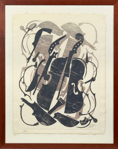 ARMAN (1928-2005) Violons gris et noirs sur papier Japon Lithographie signée et numérotée...