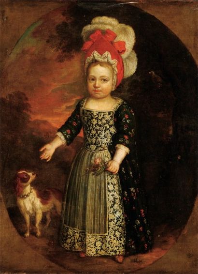 ECOLE FLAMANDE DU XVIIIE SIÈCLE Portrait de jeune fille au chien Toile rectangulaire...