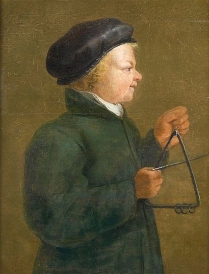 ATTRIBUÉ AU JAN VAN DE VENNE (VERS 1595-1651) Le joueur de triangle Panneau parqueté...