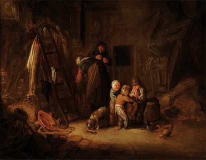 ISAAC VAN OSTADE (HAARLEM 1621-1649) Jeunes enfants jouant dans la chaumière Panneau...