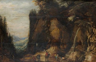 JOOS DE MOMPER II (ANVERS 1564-1635) Paysage rocheux aux promeneurs Panneau de chêne,...