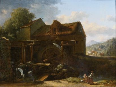 ECOLE FRANÇAISE, VERS 1812 Bergère et cavalier devant un moulin à eau Panneau. Signé...