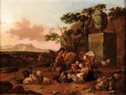 JAN FRANS SOOLMAKER (1635-1685) (ENTOURAGE DE) Bergers et troupeau dans un paysage....