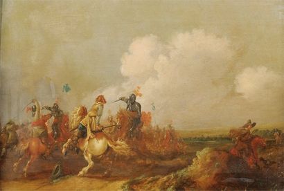 JAN ASSELIJN (DIEPEN 1610 - AMSTERDAM 1652) Choc de cavalerie. Panneau de chêne,...