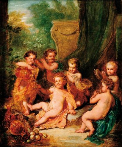 ATTRIBUÉ À JAN VAN BALEN (1611-1654) Bacchus enfant entouré de putti Panneau de chêne,...