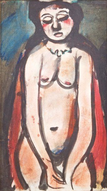 GEORGES ROUAULT (1871 - 1958) Nu au manteau rouge, circa 1912 Peinture à l'essence...