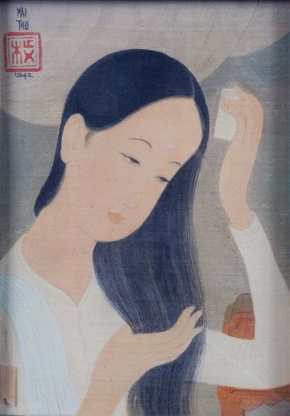 MAI THU (1906 - 1980) Jeune femme se coiffant, 1942 Peinture sur soie. Signée et...