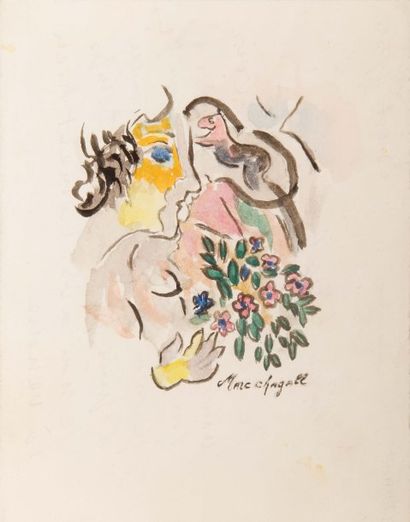 MARC CHAGALL (1887 - 1985) Femme aux fleurs, 1955 Aquarelle et lavis sur papier....