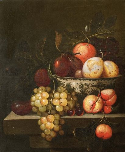 ATTRIBUÉ À J. BOURGINON (actif vers 1660) Coupe de raisins et de fruits Toile. H_45...