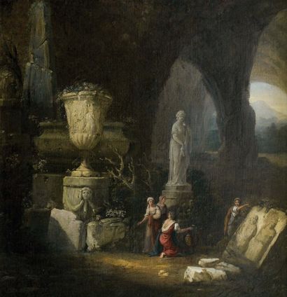 ATTRIBUÉ À HUBERT ROBERT (1733 - 1808) Paysage aux vases et bas-reliefs antiques...
