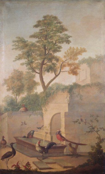 ECOLE ANGLAISE OU HOLLANDAISE DE LA FIN DU XVIIIe siècle Oiseaux à la fontaine Toile...