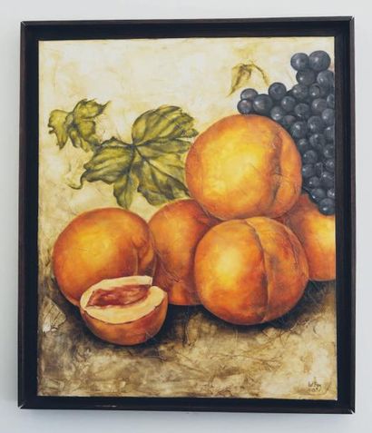 Liz Bono (née en 1970) Abricots et raisins Huile sur toile H_61 cm L_51 cm Signée,...