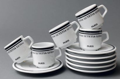 null Six tasses à moka et sous tasses marquées «Lutetia - Paris» sur un dessin de...