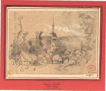 Paul HUET (1803-1869) Le clocher d'Harfleur Crayon noir et rehauts de blanc. Localisé...