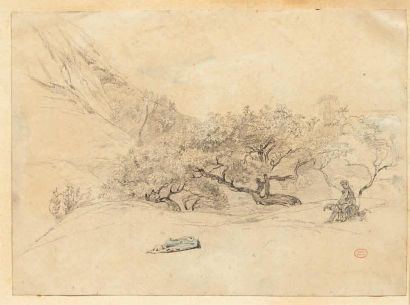 Paul HUET (1803-1869) Deux enfants jouant dans un paysage Crayon noir, rehauts de...