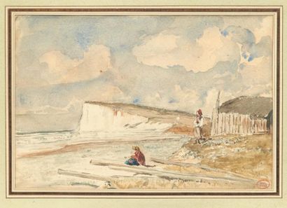 Paul HUET (1803-1869) Falaise et nuages ensoleillés Aquarelle. Porte en bas à droite...