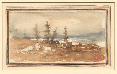 Paul HUET (1803-1869) Paysage aux pins Aquarelle. Porte en bas à droite le cachet...
