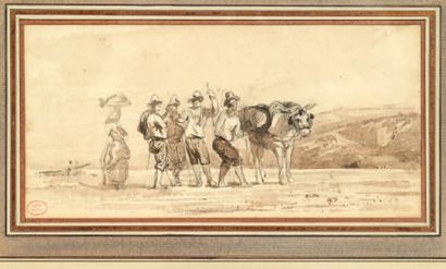 Paul HUET (1803-1869) Niçois à l'âne Crayon noir et lavis gris. Annoté au revers...
