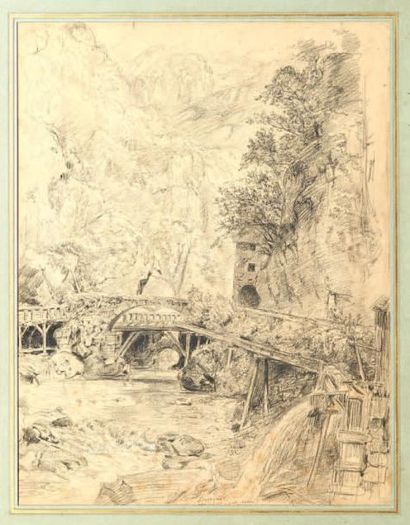 Paul HUET (1803-1869) Fourvoirie, entrée du désert de la grande Chartreuse Crayon...