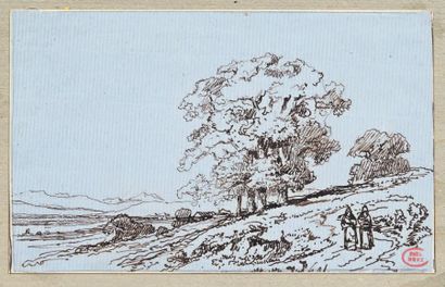 Paul HUET (1803-1869) Moines méditant sur un chemin Plume et encre brune sur papier...