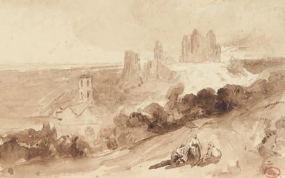 Paul HUET (1803-1869) Ruines de Pierrefonds Lavis brun sur traits de crayon noir....