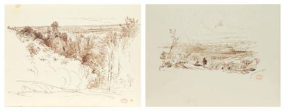 Paul HUET (1803-1869) Promeneurs en habits médiévaux dans un paysage Plume et encre...